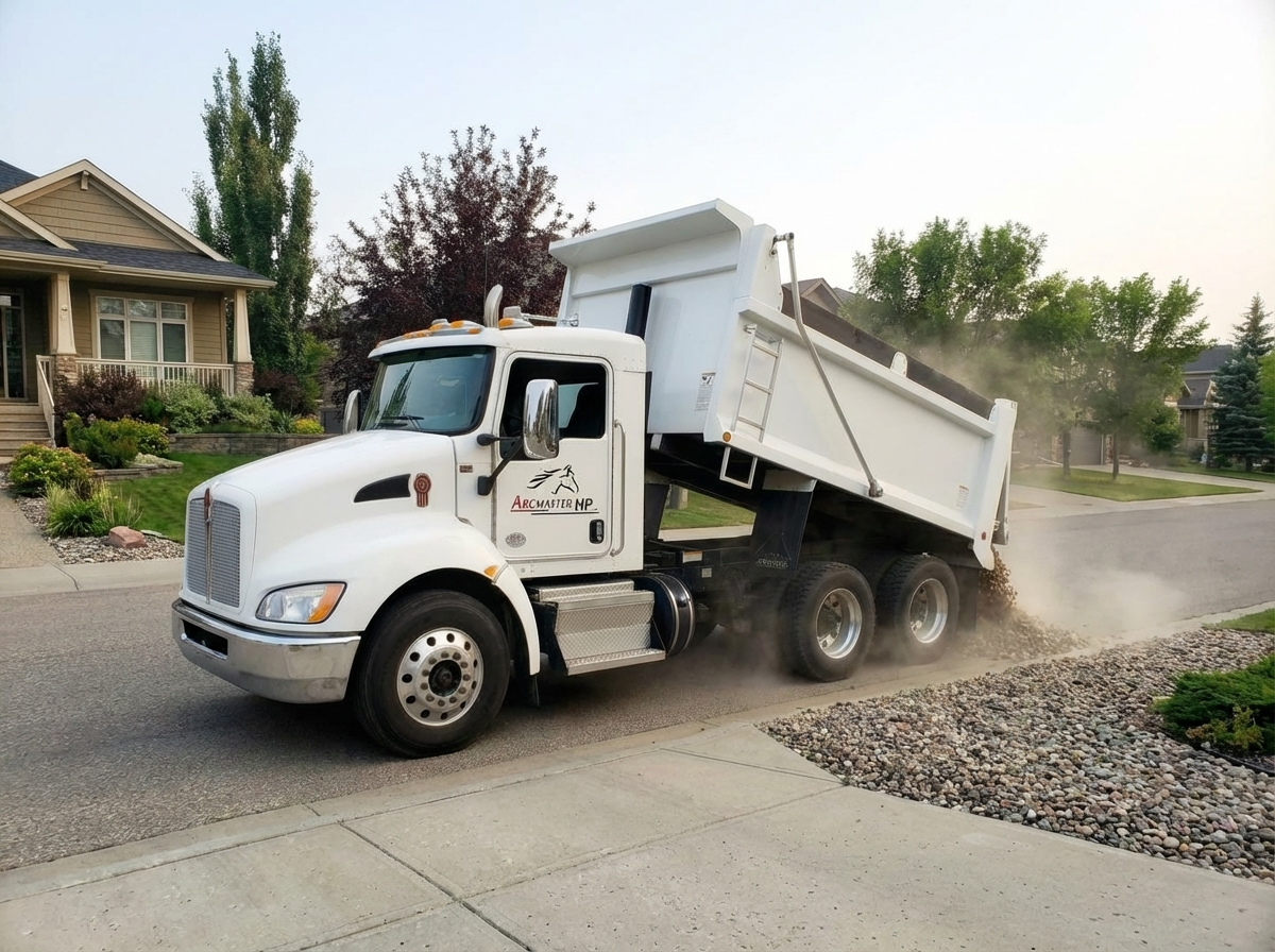 ArcMaster HP dump truck delivering rocks for landscaping