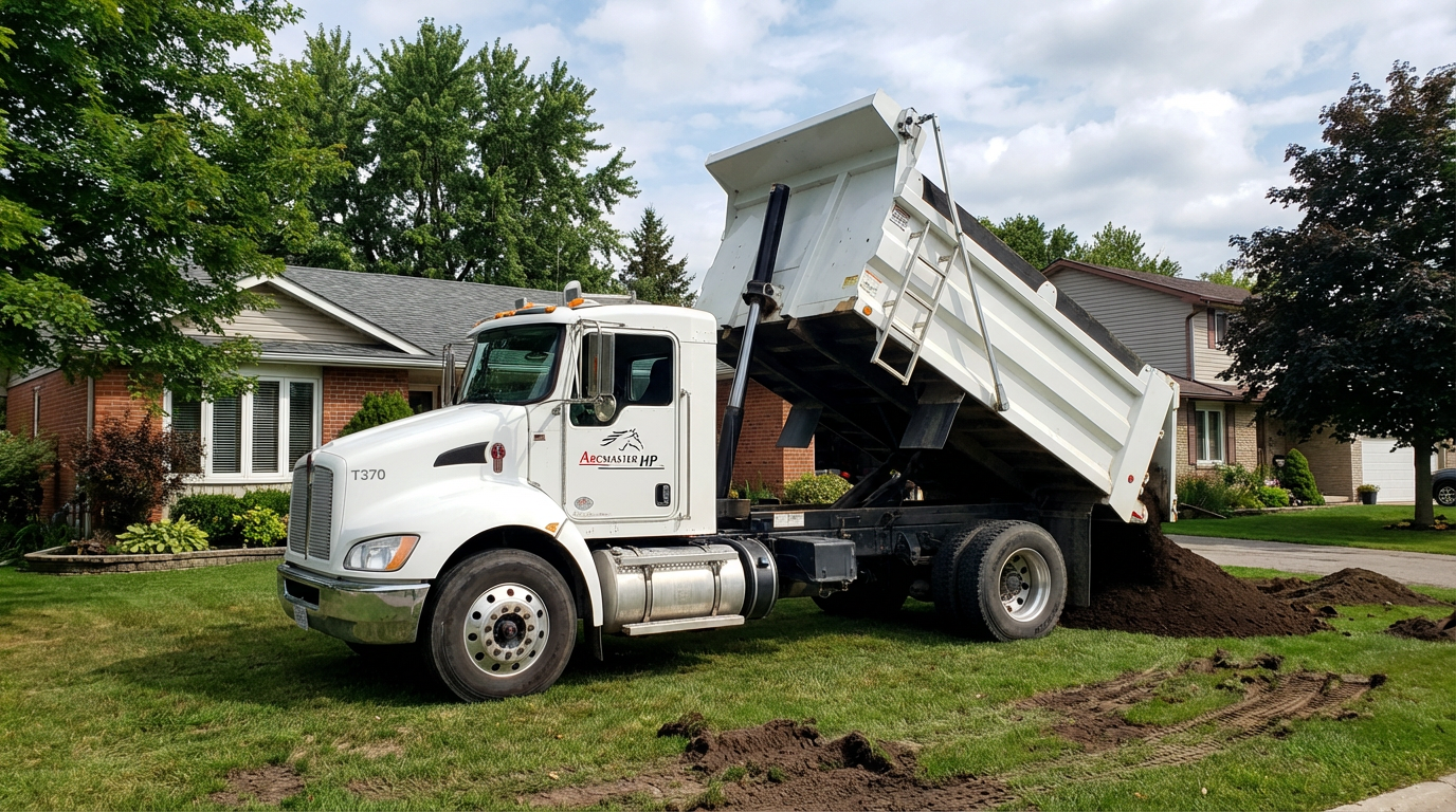 ArcMaster HP dump truck delivering top soil for landscaping